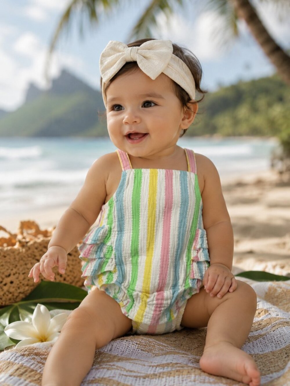Angel Dear Baby Girl Rainbow Striped Ruffle Romper 6-12M